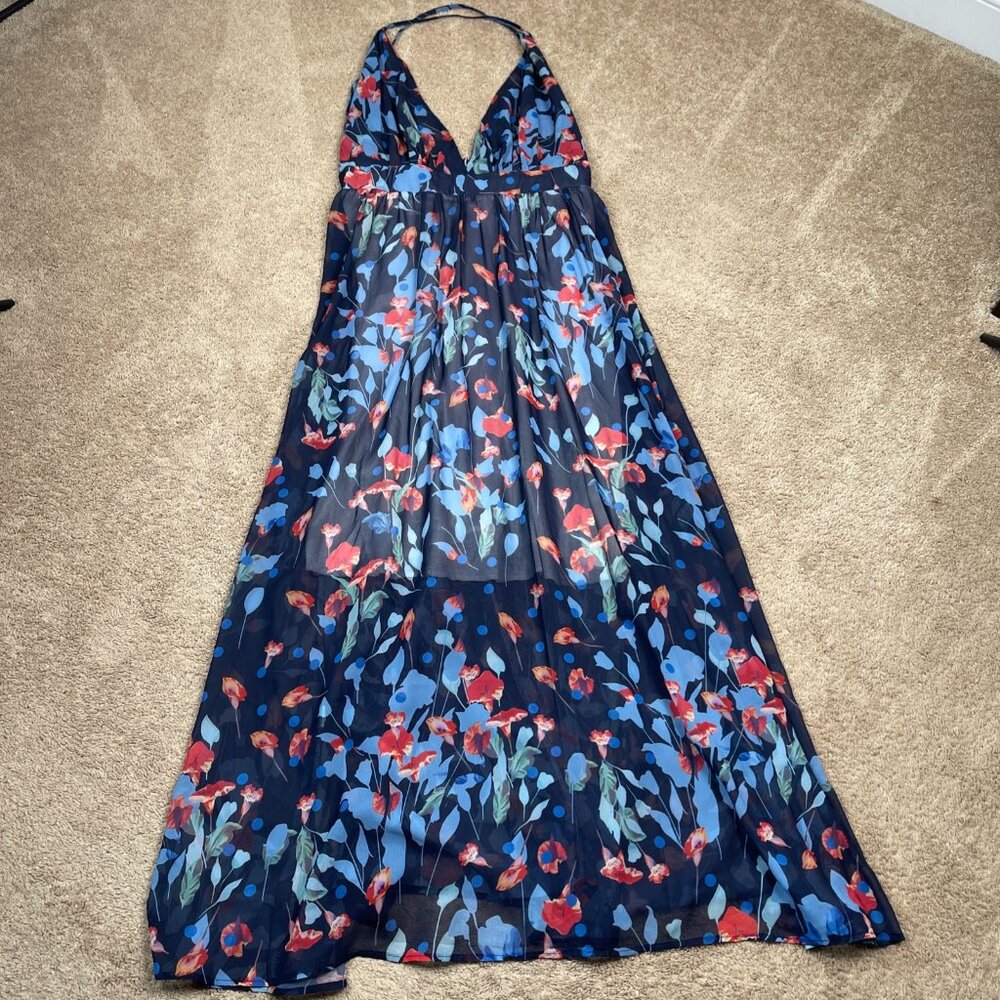 Handmade Maxi Dress Womens XXL Blue Floral Plunge Neck Open Back Beach Long Tall
